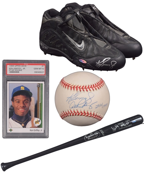 Ken Griffey Jr. Signed 1999 Limited-Edition Game Model "Air Griffey Metal" Nike Cleats #218/240, Signed Louisville C271 Game Model Bat from UDA, 1989 UD #1 Griffey Jr. PSA 10 RC Card and More!