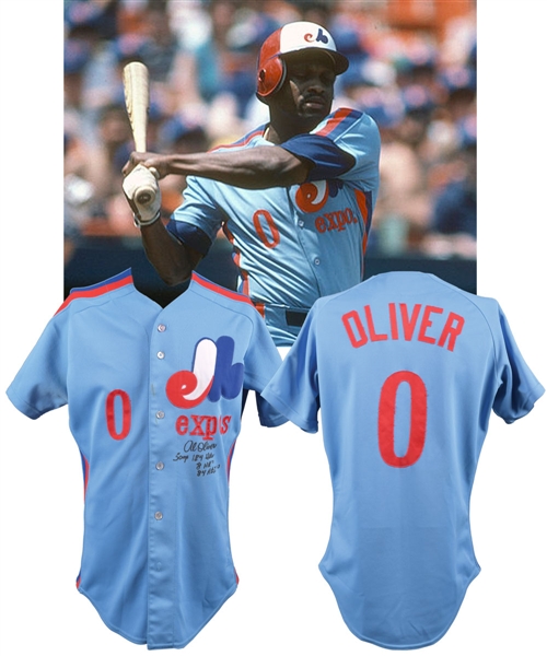 Al Olivers 1983 Montreal Expos Signed Game-Worn Jersey with "Scoop 184 Hits 8 HRs 84 RBIs" Annotation