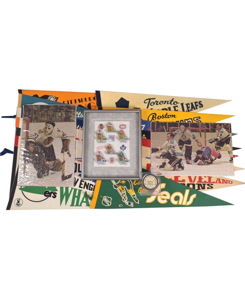 Vintage Memorabilia Collection with NHL and WHA Pennants, Original Six Arenas Framed Photos, Puzzles, Postcards and More!