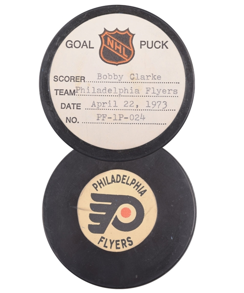 Bobby Clarkes Philadelphia Flyers April 22nd 1973 Playoff Goal Puck from the NHL Goal Puck Program - 2nd Playoff Goal of Season / Career Playoff Goal #2