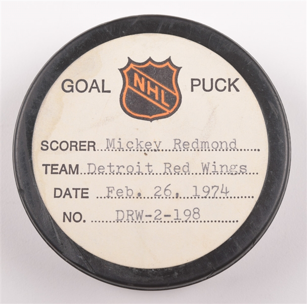 Mickey Redmonds Detroit Red Wings February 26th 1974 Goal Puck from the NHL Goal Puck Program - 40th Goal of Season / Career Goal #196 / Game-Winning Goal