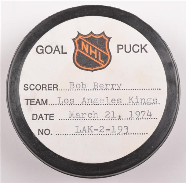 Bob Berrys Los Angeles Kings March 21st 1974 Goal Puck from the NHL Goal Puck Program - 20th Goal of Season / Career Goal #98