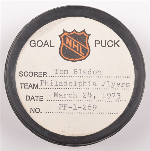Tom Bladons Philadelphia Flyers March 24th 1973 Goal Puck from the NHL Goal Puck Program - 11th Goal of Rookie Season / Career Goal #11