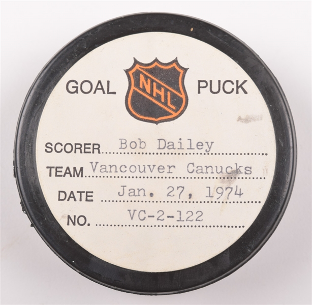 Bob Daileys Vancouver Canucks January 27th 1974 Goal Puck from the NHL Goal Puck Program - 7th Goal of Rookie Season /Career Goal #7