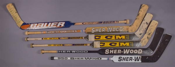 1990s and 2000s Goalie Game-Used Hockey Stick Collection of 6 Including Lalime, Lehtonen, DiPietro and Reese