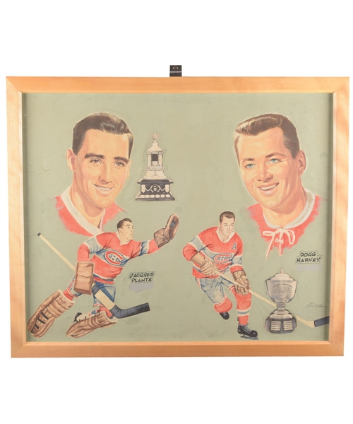 Jacques Plante and Doug Harvey Montreal Canadiens Original 1950s Tex Coulter Framed Painting (22” x 26 ½”)