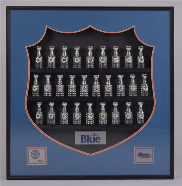 Labatt Blue 1999 Mini Stanley Cup Collection of 28 in Display Case (32 ½” X 33 ½”) 