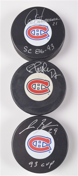 Montreal Canadiens 1993 Stanley Cup Champions Signed Puck Collection of 9 Including Hall of Fame Members Roy, Savard and Chris Chelios with LOA