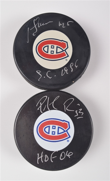 Montreal Canadiens 1986 Stanley Cup Champions Signed Puck Collection of 10 Including Hall of Fame Members Patrick Roy and Chris Chelios with LOA