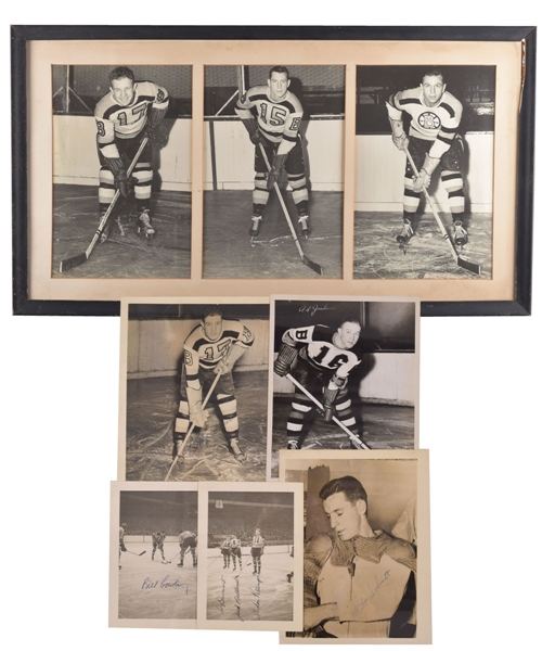 Milt Schmidts Boston Bruins "Kraut Line" Vintage Framed Display Plus Vintage-Signed Bruins Photos (5) Including Deceased HOFers Bauer, Schmidt, Cowley and Dumart with LOA