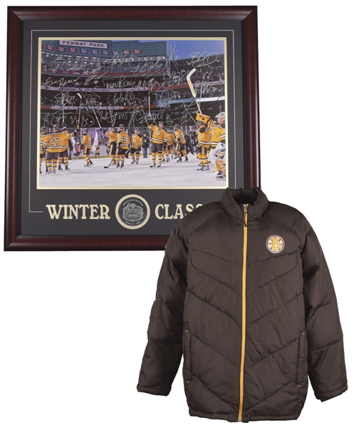 Milt Schmidts 2010 Winter Classic Boston Bruins Team-Signed Framed Photo Plus His 2010 Winter Classic Official Team Winter Jacket with LOA