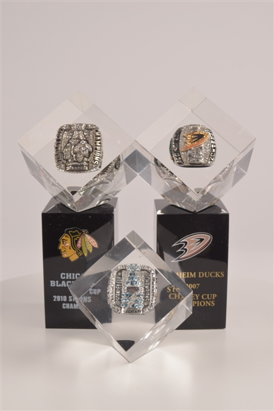 Tampa Bay Lightning 2004, Anaheim Ducks 2007 and Chicago Black Hawks 2010 Stanley Cup Championship Rings in Lucite Cubes 