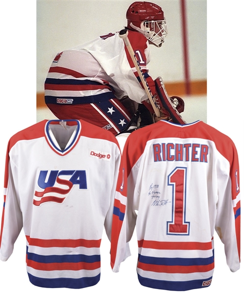 Mike Richters 1988 Olympics Team USA Signed Game-Worn Pre-Tournament Jersey - Photo-Matched!