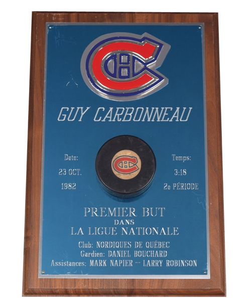 Guy Carbonneaus October 23rd 1982 Montreal Canadiens "1st NHL Goal" Puck Plaque with His Signed LOA (10" x 15") 