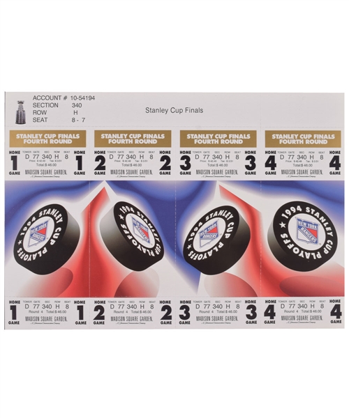 New York Rangers 1994 Stanley Cup Finals Home Games Tickets (4) Uncut Sheet Plus 2002 Gretzkys Jersey Retirement VIP Pass