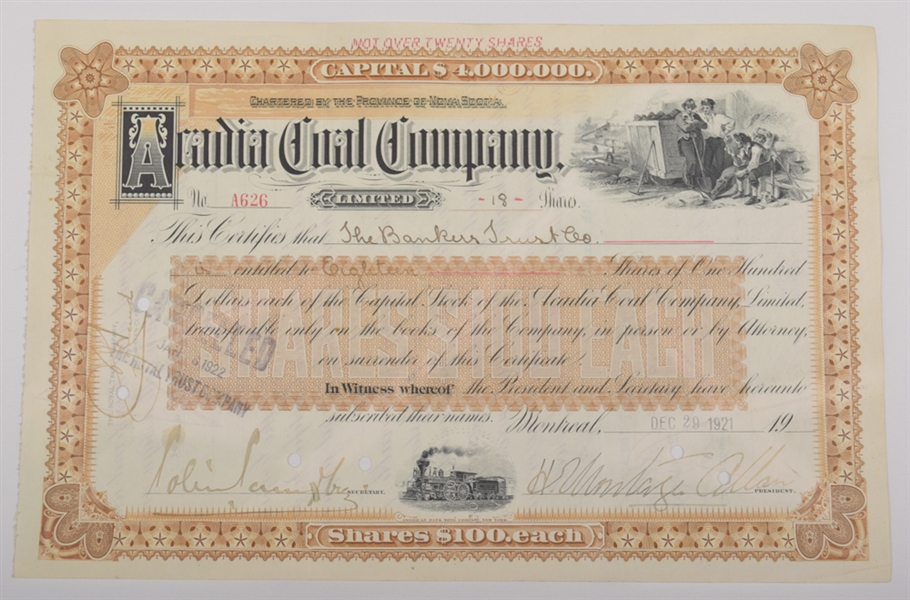 Deceased Hockey HOFer Sir Montagu Allan Signed Early-1920s Arcadia Coal Company Stock Certificates (3)