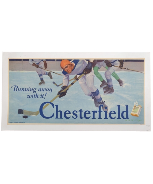 Superb Mid-to-Late-1920s Chesterfield Cigarettes Hockey-Themed Advertising Lithograph (12" x 23") 