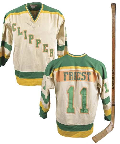 Ron Friests 1979-80 EHL Baltimore Clippers Game-Worn Jersey with Team Repairs Plus Kent Douglas 1971-72 AHL Baltimore Clippers Team-Signed Game-Used Stick