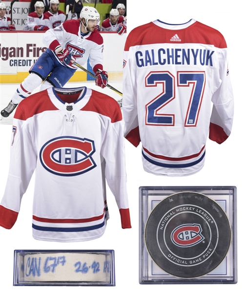 Alex Galchenyuks 2017-18 Montreal Canadiens Game-Worn Jersey with Team LOA and Max Paciorettys 2017-18 Official NHL Goal Puck with Team COA - His Last Habs Goal!