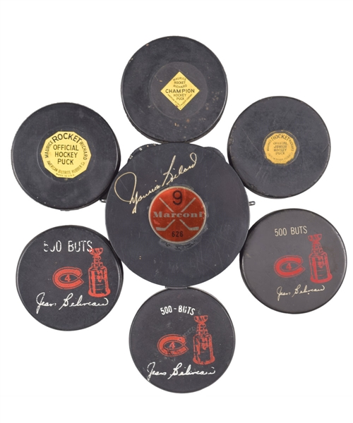 1960s Maurice "Rocket" Richard Marconi Puck-Shaped Transistor Radio and Biltrite Official Hockey Pucks (3) Plus Jean Beliveau 500th Goal Souvenir Pucks (8) and Dow Hat Trick Trophy