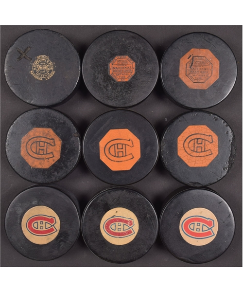 Montreal Canadiens 1930s/1980s Official Game Puck and Other Puck Collection of 50 Including Spalding, Art Ross, "Original Six", Converse and Viceroy Game Pucks