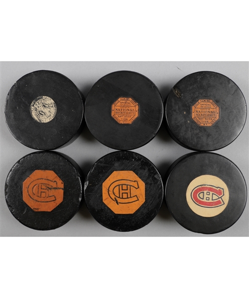 Montreal Canadiens 1930s/1980s Official Game Puck and Other Puck Collection of 39 Including Spalding, Art Ross, "Original Six", Converse and Viceroy Game Pucks