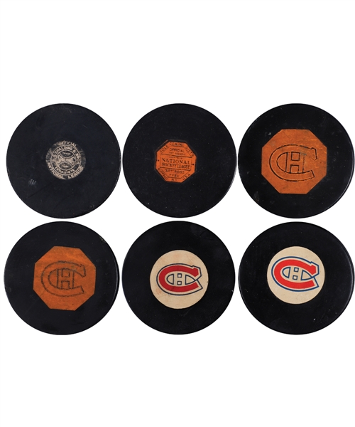 Montreal Canadiens 1930s/1980s Official Game Puck and Other Puck Collection of 36 Including Spalding, Art Ross, "Original Six", Converse and Viceroy Game Pucks