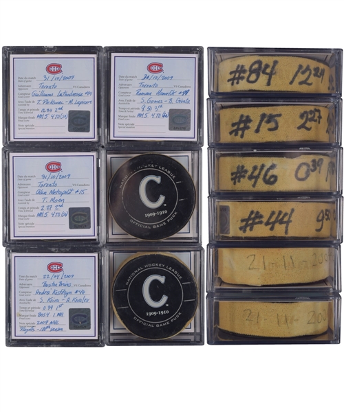 Montreal Canadiens 2008-09 and 2009-10 Centennial Season Goal Pucks (4), Official Game-Used Pucks (9), Game Pucks (13) and Souvenir Pucks (21)