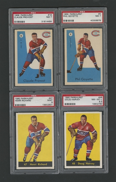 1959-60 and 1960-61 Parkhust Hockey PSA-Graded Montreal Canadiens Cards (4) Including 1960-61 Parkhurst H. Richard PSA 9 and Harvey PSA 8.5