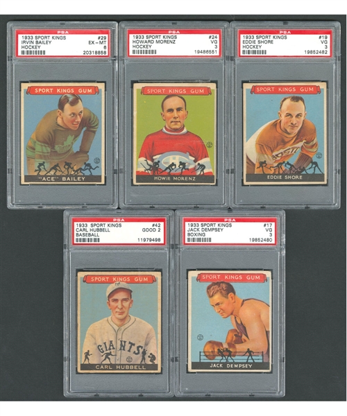 1933-34 Goudey Sport Kings PSA-Graded Card Collection of 5 Including HOFers Morenz, Shore and Bailey