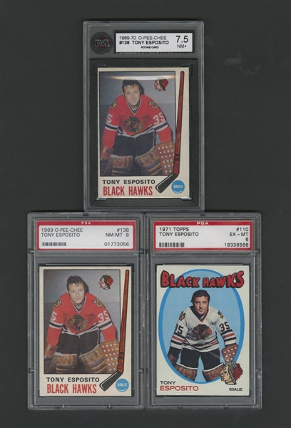 1969-71 O-Pee-Chee and Topps Tony Esposito Graded Hockey Cards (3) Including 1969-70 O-Pee-Chee Rookie Cards Graded PSA 8 and KSA 7.5