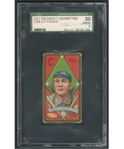 1911 Piedmont Cigarettes T205 Baseball Card HOFer Cy Young - Graded SGC Good 2