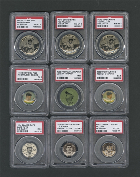 1910-40 Sweet Caporal, Quaker Oats, Orbit and Other Brands PSA-Graded Baseball Pin Collection of 9 Including Cobb, Ruth and Williams