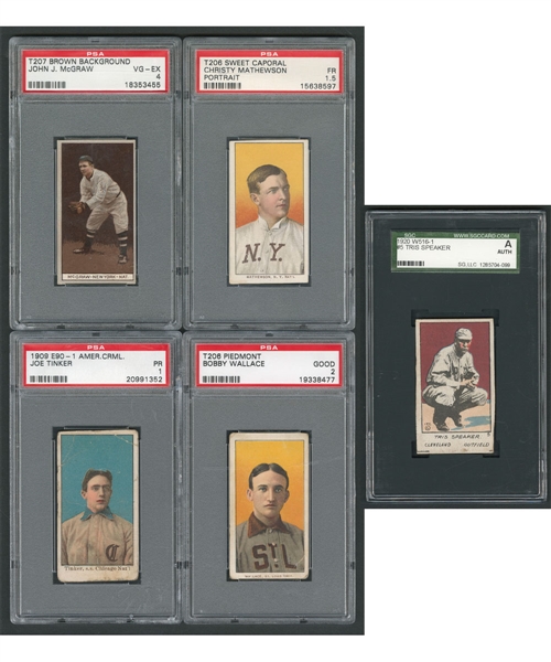 1909-20 American Caramel, T206, T207 and W516-1 Graded Baseball Card Collection of 5 Including Mathewson, McGraw and Speaker