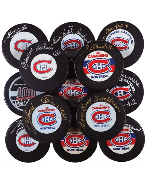 NHL Official Game Puck and Montreal Canadiens Signed Puck Collection of 200+ Including 30 HOFers Signed Pucks