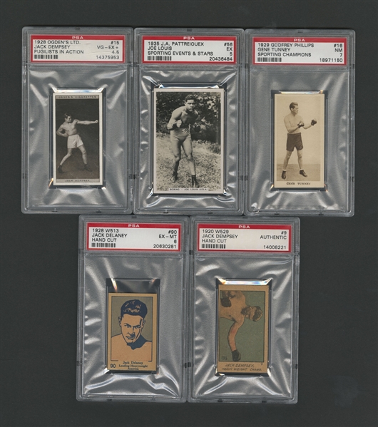 1920-87 Ogdens, Topps And Other Brands Graded Boxing Card Collection of 8 Including Dempsey, Tunney, Delaney and Joe Louis