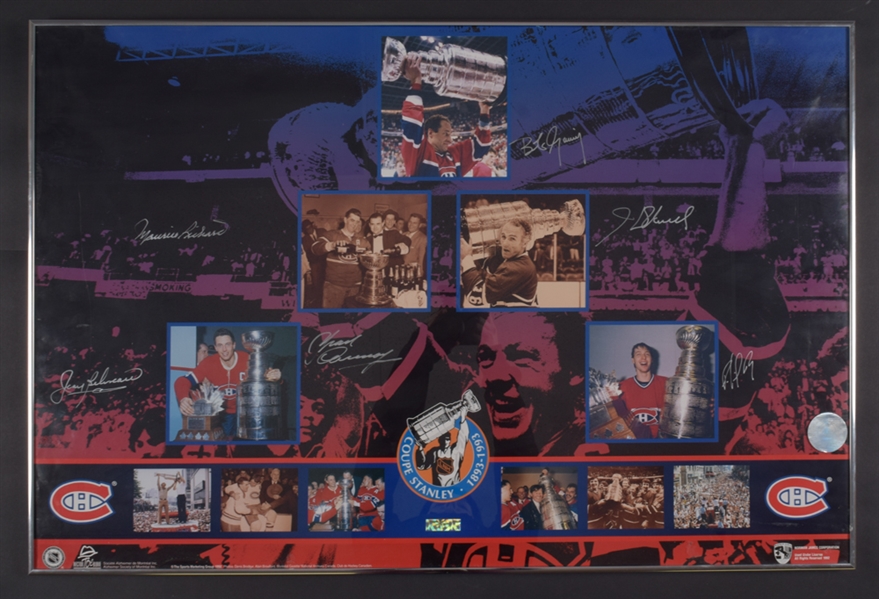 Montreal Canadiens Stanley Cup 100th Anniversary Limited-Edition Framed Poster #0034/1993 Autographed by Maurice and Henri Richard, Beliveau, Cournoyer, Gainey and Roy with COA (24” x 36”) 