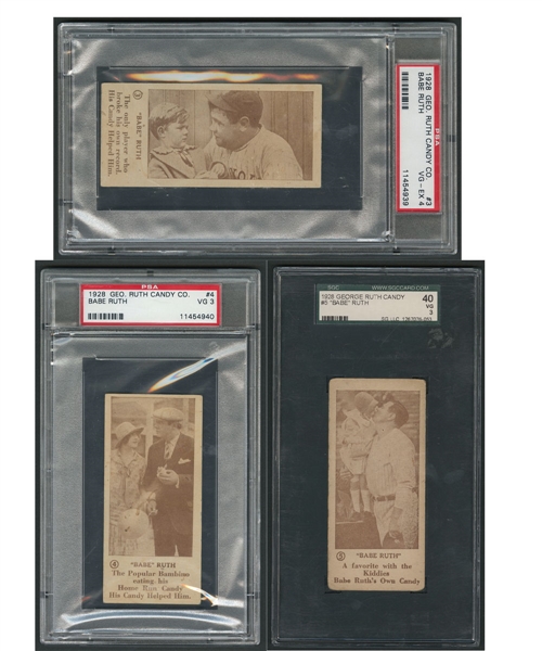 1928 George Ruth Candy Co. PSA/SGC-Graded "Babe" Ruth Baseball Cards #3, #4 and #5