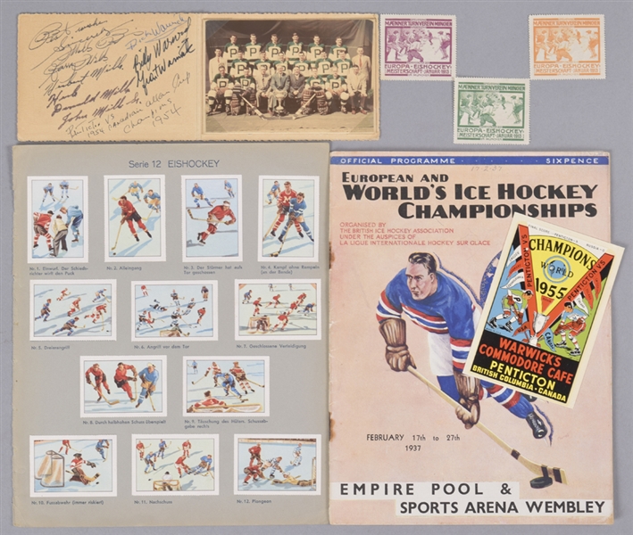 1910s/1970s World Hockey Championships Memorabilia Collection Including First Day Cover, Stamps, 1937 Program, Penticton Vs Items and Much More