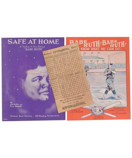 Vintage Babe Ruth Memorabilia Collection of 7 Including 1928 and 1948 Music Sheets and C. 1930 Yankees Scorecard