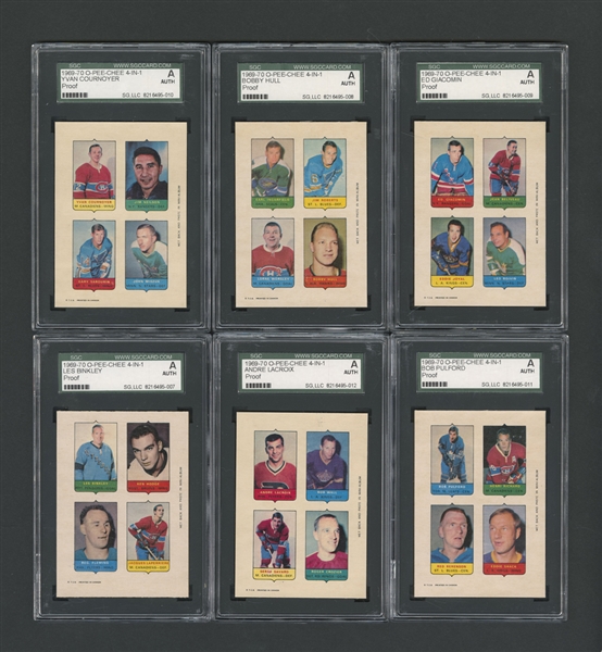 1969-70 O-Pee-Chee SGC-Graded Unperforated Proof "4-in-1" Hockey Mini Card Collection of 6 Including Hull, Cournoyer and Beliveau