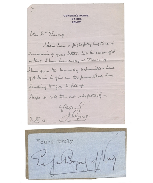 Scarce Lady Byng of Vimy Signed Cut (Donated the Lady Byng Trophy) and Lord Byng of Vimy Signed 1913 Handwritten Letter