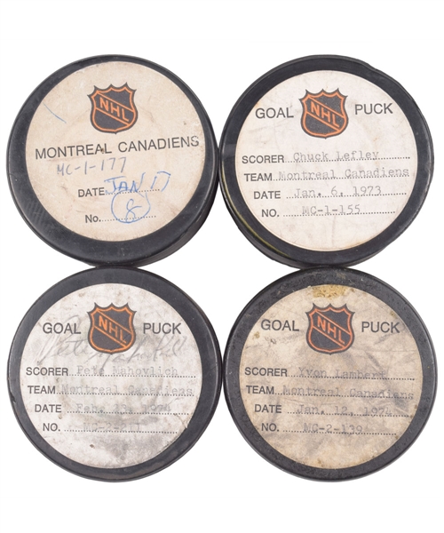 Houles, Lefleys, Lamberts and Peter Mahovlichs Montreal Canadiens 1972-74 Goal Pucks (4) from the NHL Goal Puck Program 