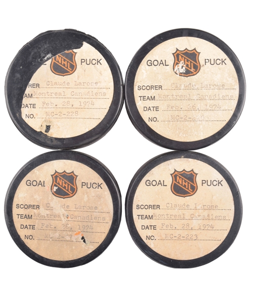 Claude Laroses Montreal Canadiens 1973-74 Goal Pucks (4) from the NHL Goal Puck Program - Including 1st, 2nd and 3rd Goal Pucks from 4-Goal Game