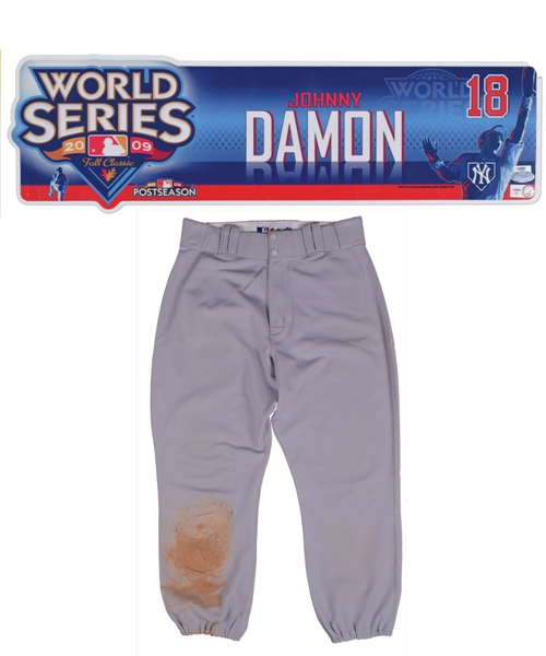 Johnny Damons 2009 New York Yankees Game-Worn World Series Pants and World Series Locker Room Nameplate with LOAs
