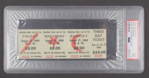 Historic 1969 Woodstock Music Festival Full 3-Day $24.00 Unused Ticket - Graded PSA 9