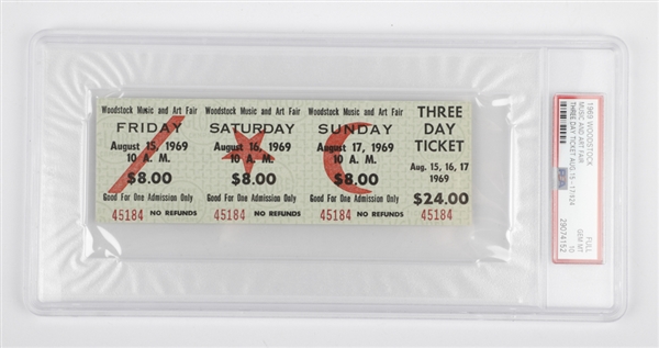 Historic 1969 Woodstock Music Festival Full 3-Day $24.00 Unused Ticket - Graded PSA 10 GEM MT - Highest Graded!
