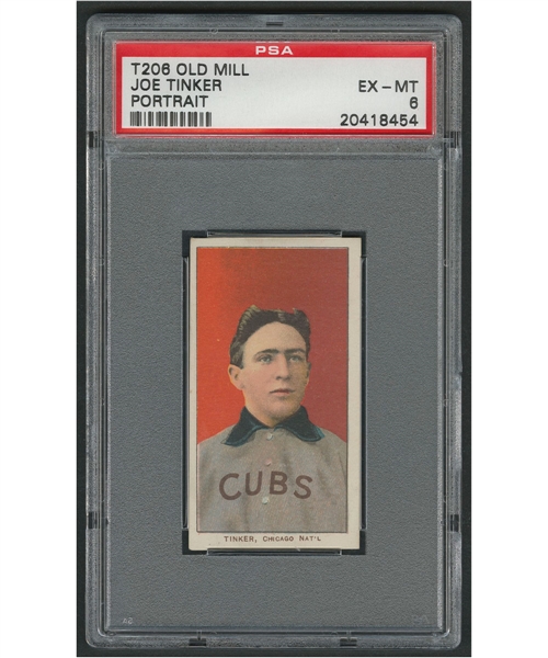 1909-11 T206 Old Mill Baseball Card of HOFer Joe Tinker (Portrait - White Border) - Graded PSA 6 