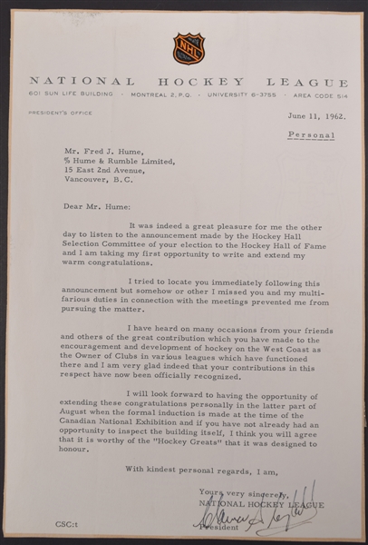 1962 Letter on NHL Letterhead Sent and Signed by Clarence Campbell to Congratulate Fred J. Hume on Hall of Fame Induction