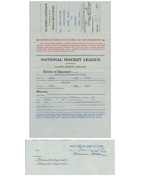 Norman Manns 1939-40 Toronto Maple Leafs Contract Signed by Deceased HOFers Frank Calder and Conn Smythe